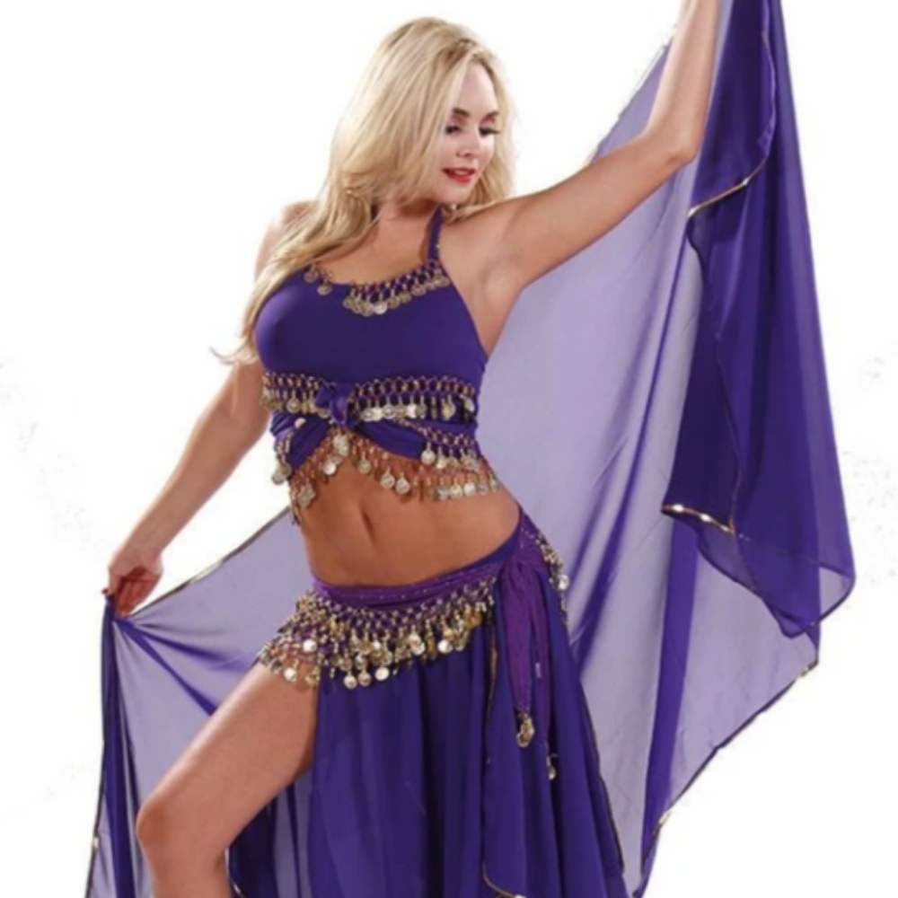 Purple Women's Belly Dance Costume Set with Gold Coins